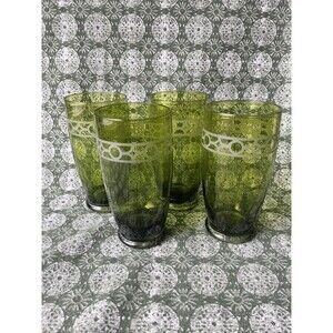 Iced Tea Gazebo Green Etched Tumbler Glasses Set of 4
